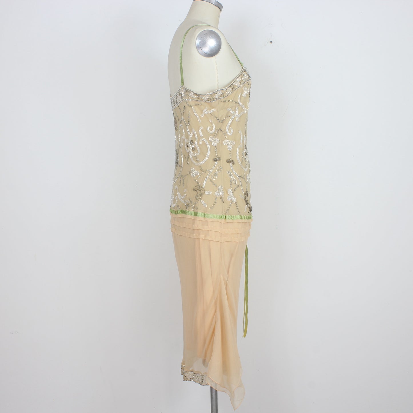 Capucine Beige Silk Sequins Elegant Dress Vintage 90s