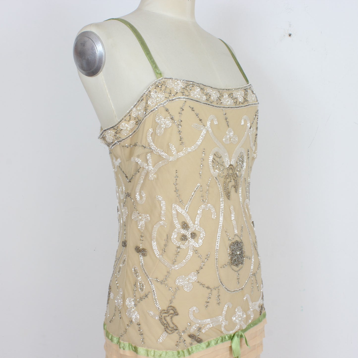 Capucine Beige Silk Sequins Elegant Dress Vintage 90s