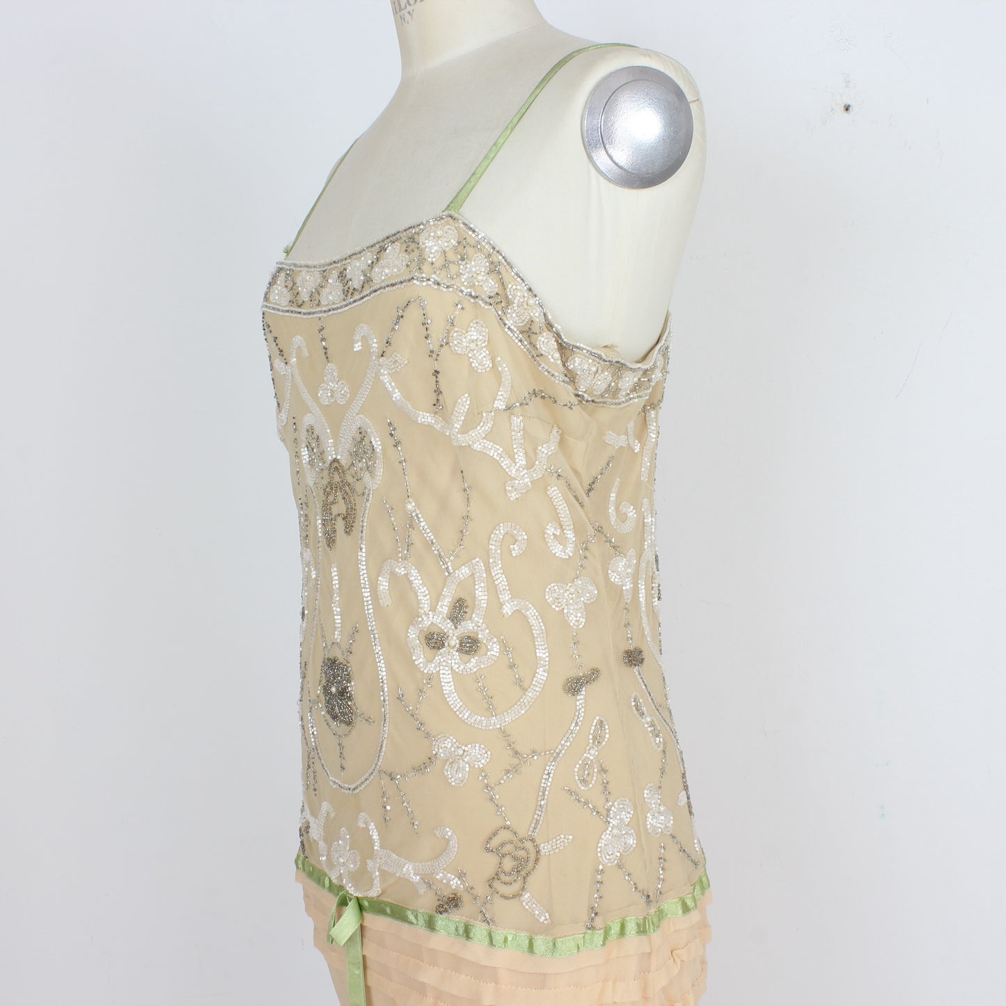 Capucine Beige Silk Sequins Elegant Dress Vintage 90s