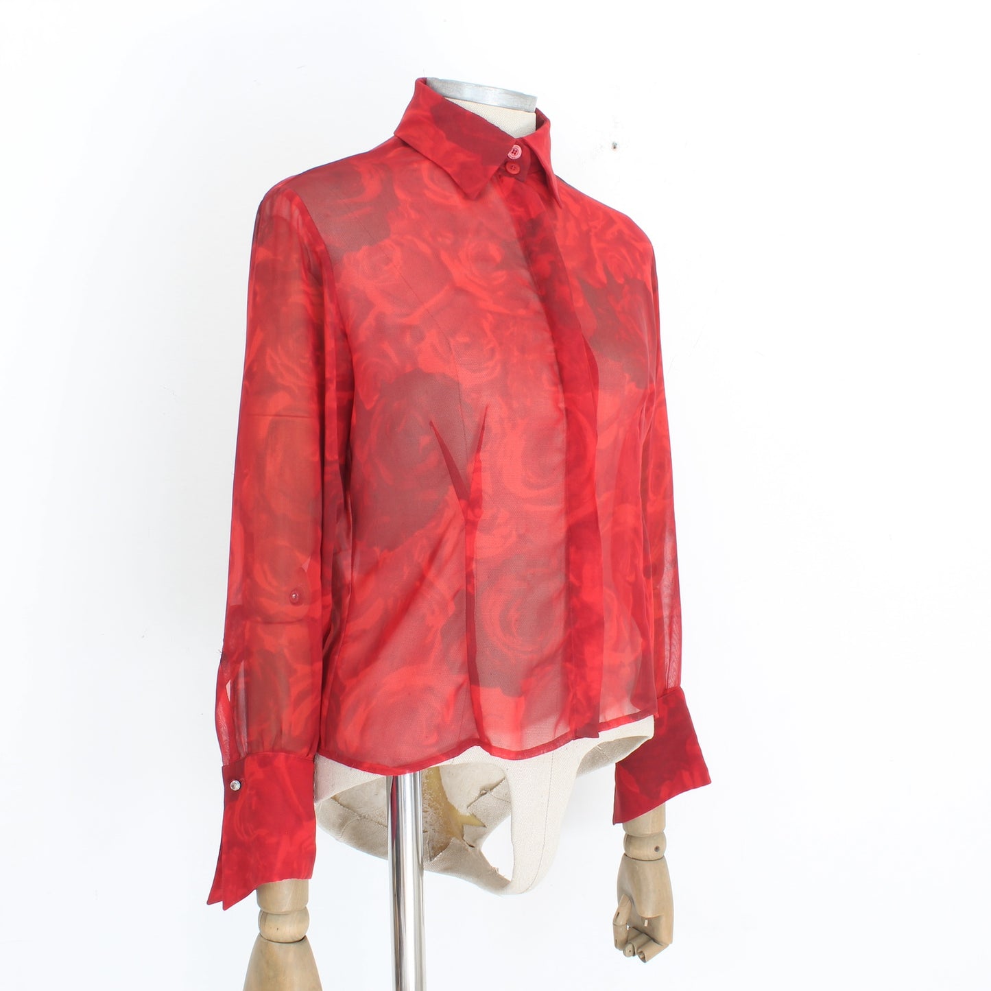 Cavalli Red Transparent Floral Evening Shirt 2000s