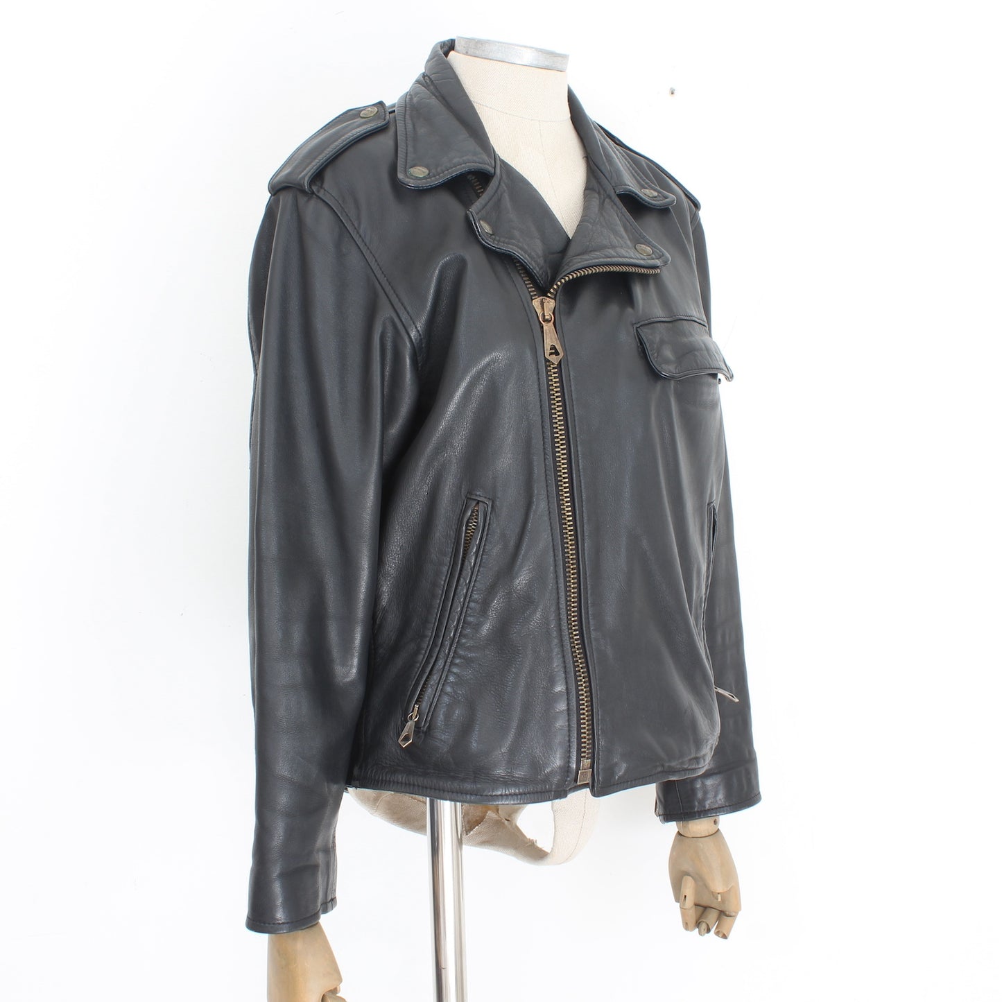 Chevignon Black Leather Chiodo Jacket Vintage 90s