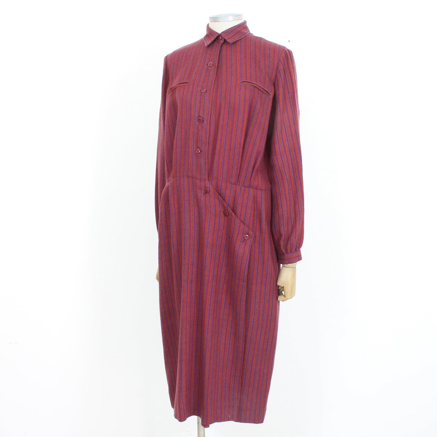 Ferragamo Burgundy Wool Pinstripe Long Dress 1990s