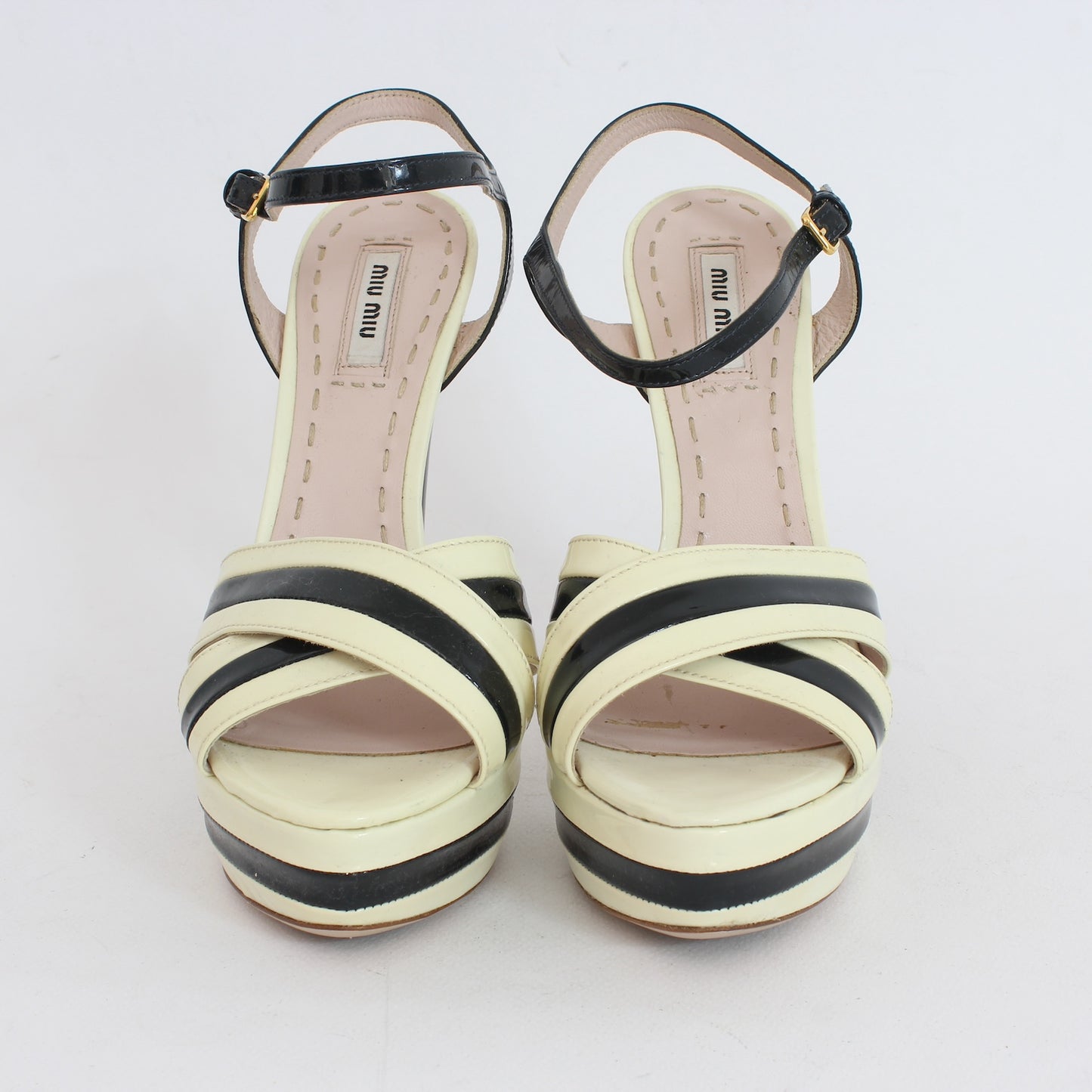 Miu Miu Beige Black Patent Leather Sandals Heel Shoes 2000s