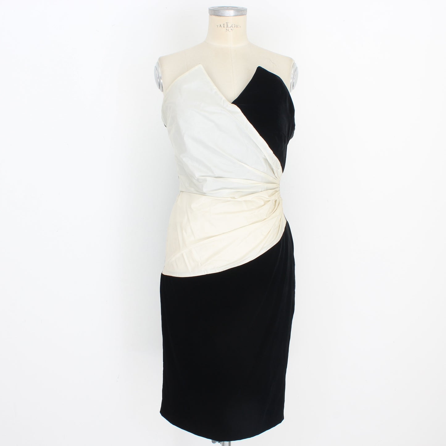 Pancaldi Black White Silk Vlevet Evening Sheath Dress Vintage 80s