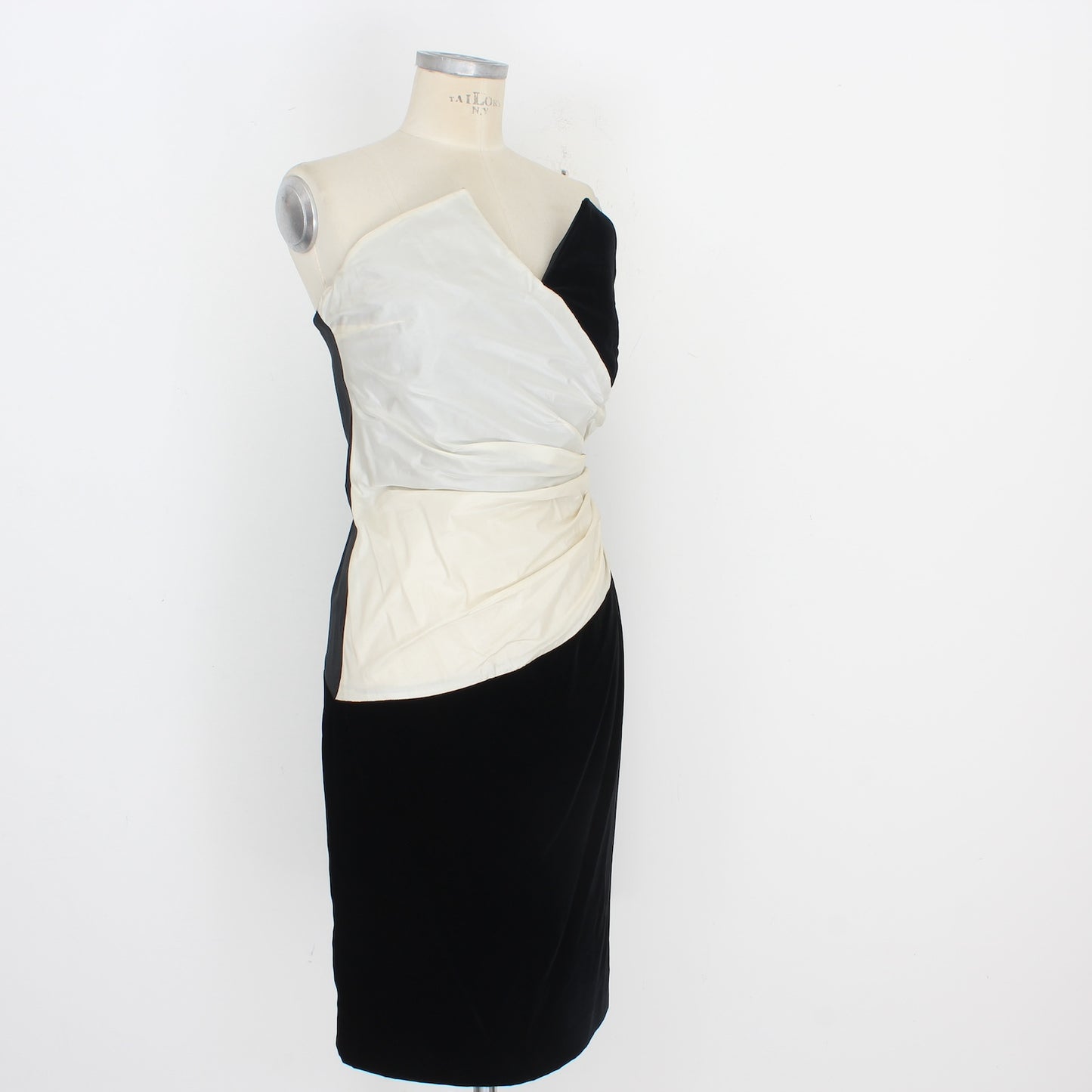 Pancaldi Black White Silk Vlevet Evening Sheath Dress Vintage 80s