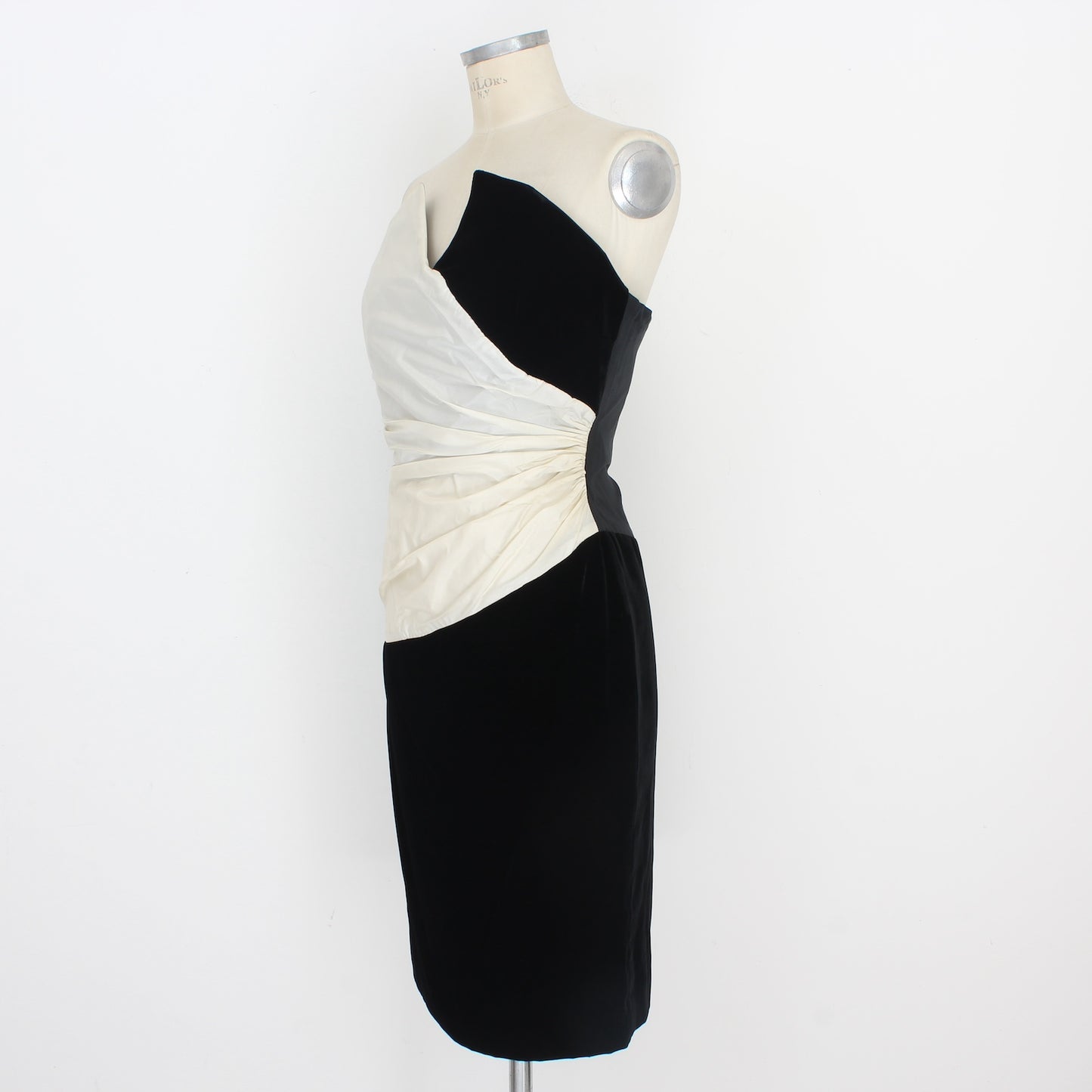 Pancaldi Black White Silk Vlevet Evening Sheath Dress Vintage 80s