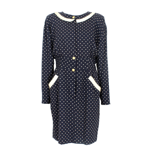 Valentino Blue Wool Polka Dot Dress Vintage 1990s