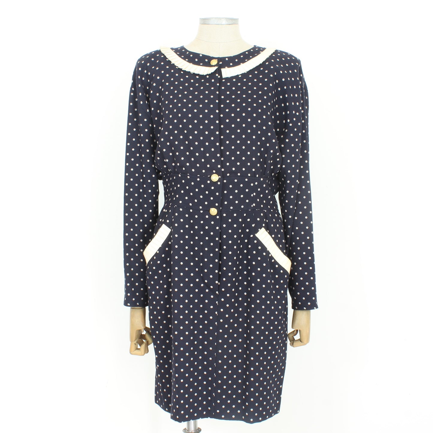 Valentino Blue Wool Polka Dot Dress Vintage 1990s