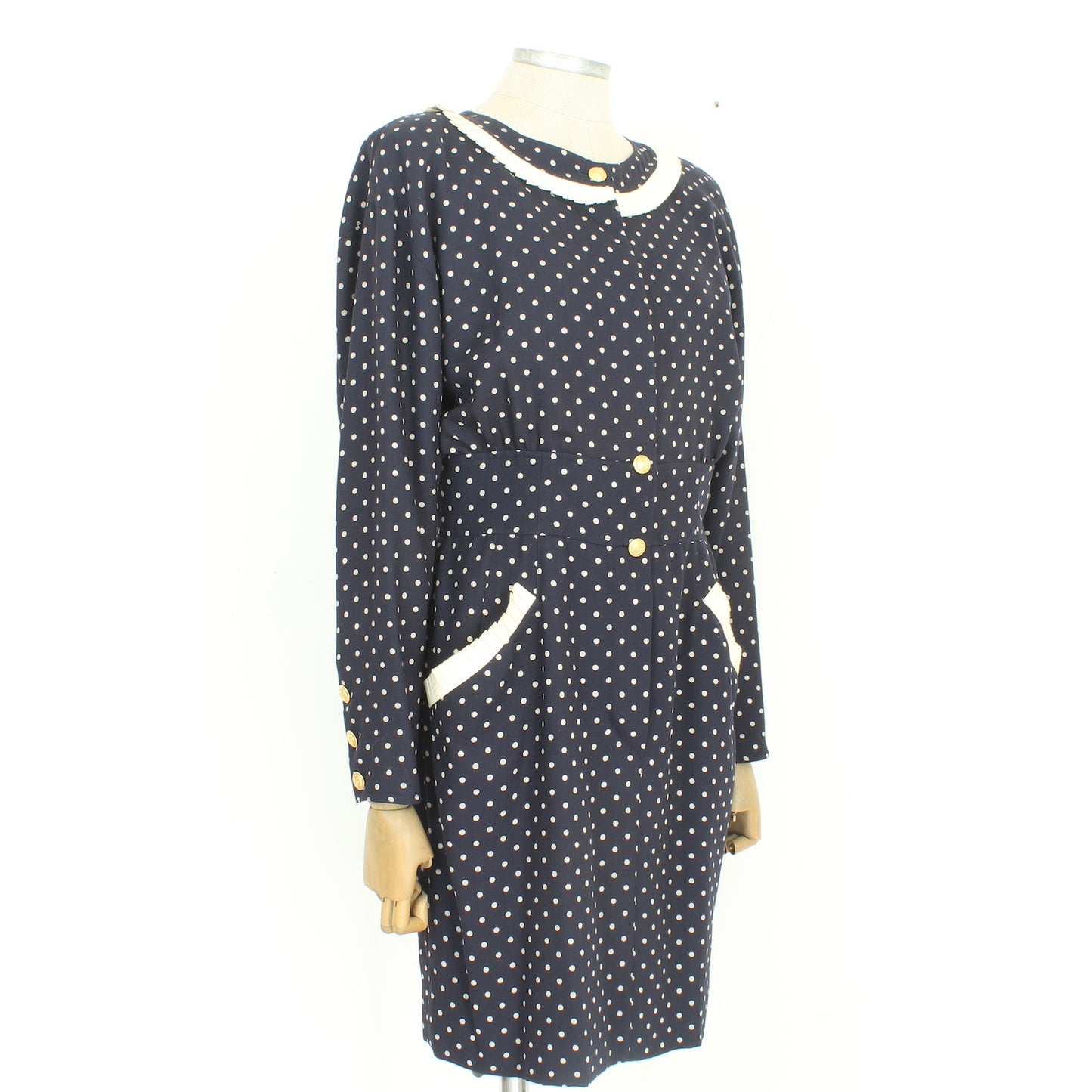 Valentino Blue Wool Polka Dot Dress Vintage 1990s