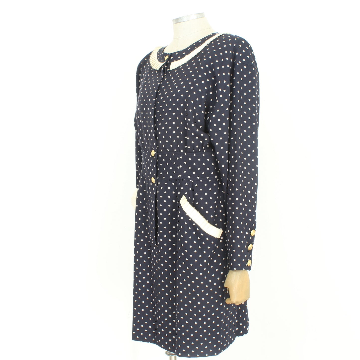 Valentino Blue Wool Polka Dot Dress Vintage 1990s