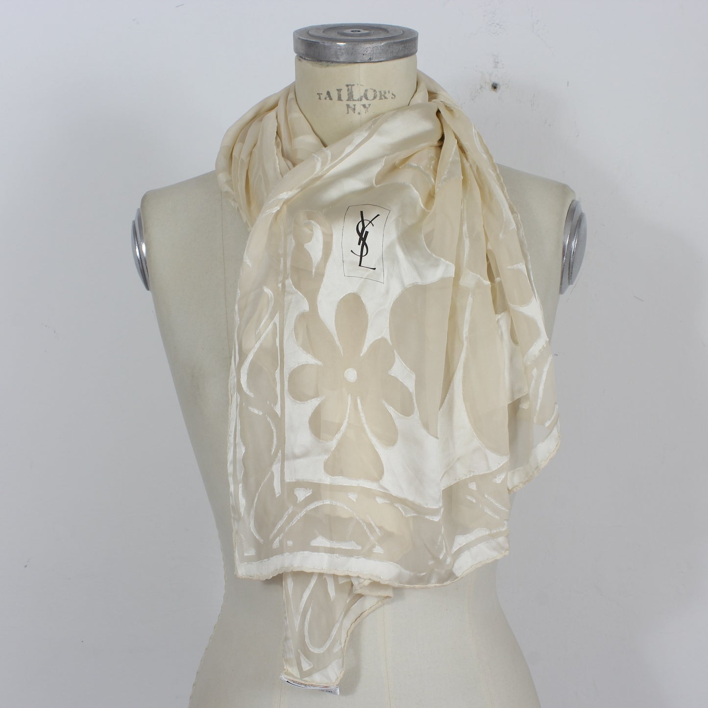 Yves Saint Laurent Beige Silk Floral Elegant Scarf Vintage 2000s