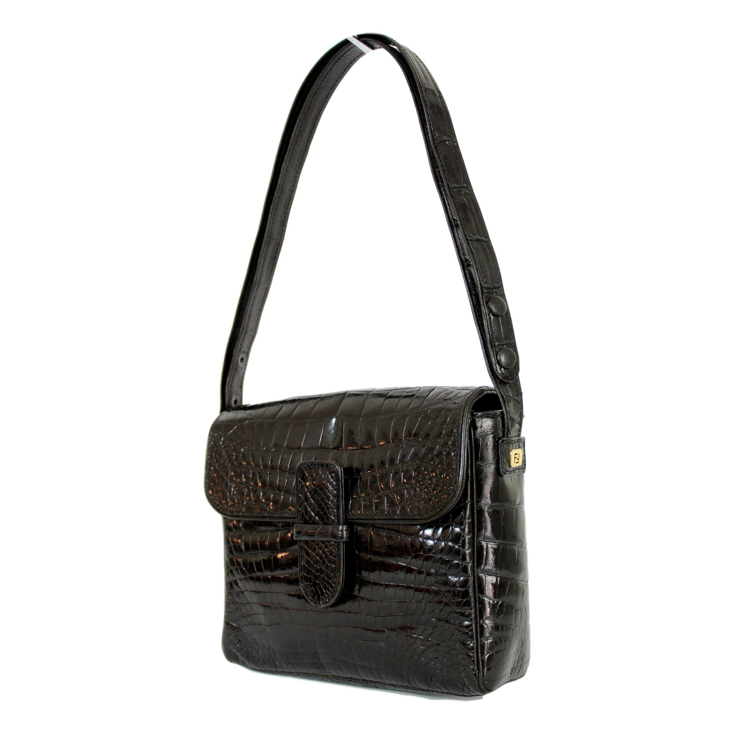 Fendi Vintage Black Crocodile Leather Shoulder Bag | Dede Couture