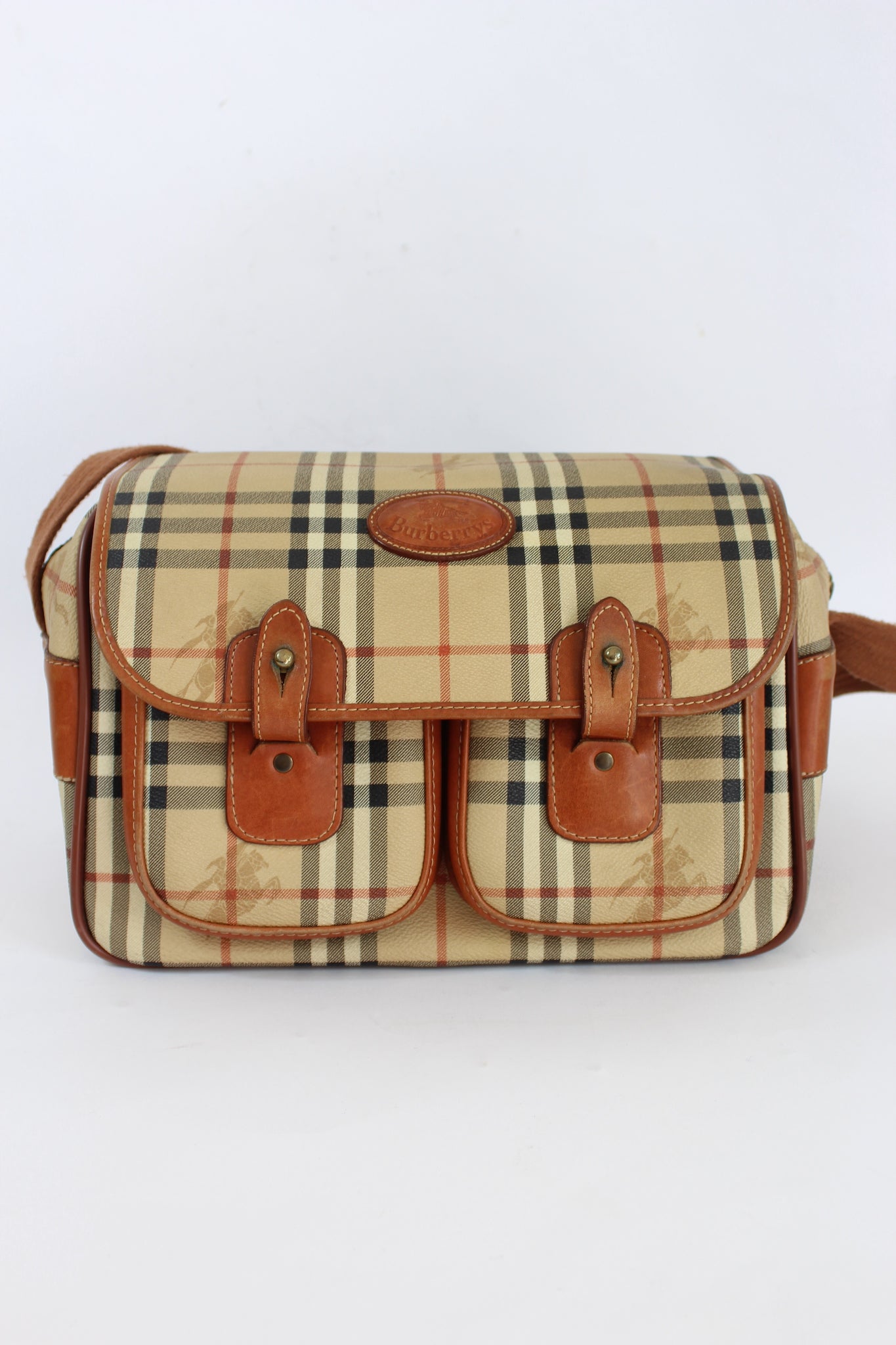 BURBERRY Bag. Vintage Burberrys Beige and Brown Check Tartan Shoulder  Saddle Bag . Authentic Burberry designer purse.